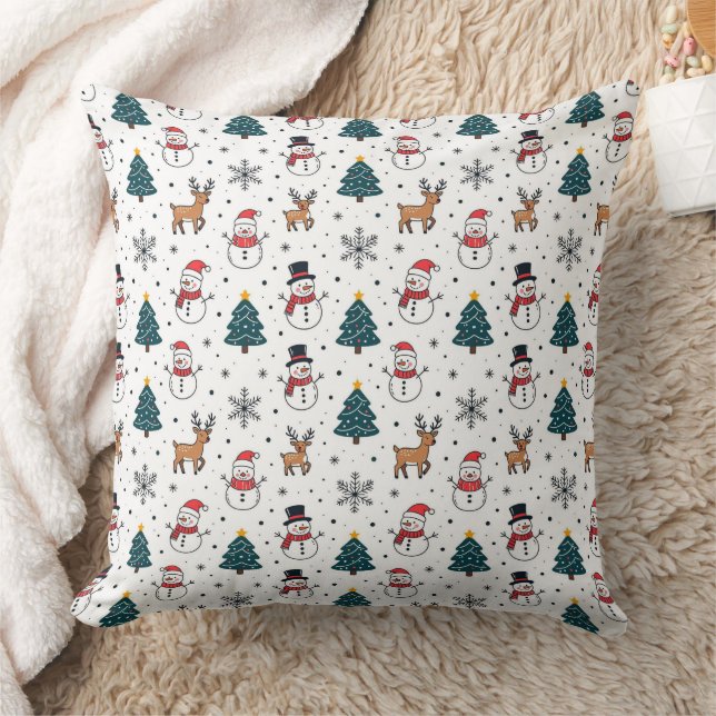 Snowman Reindeer Christmas Tree Pattern Throw Pillow (Blanket)