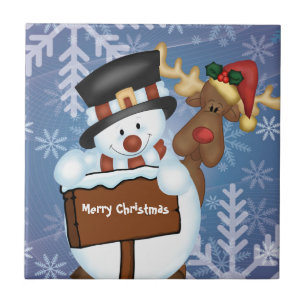 Snowman & Reindeer Customizable Tile