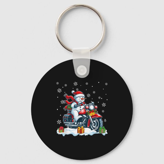 Snowman Riding Motorcycle Christmas Biker Funny Te Keychain (Front)