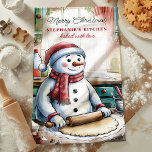 Snowman Rolling Dough Personalized Christmas Kitchen Towel<br><div class="desc">Add a whimsical touch to your holiday kitchen with this personalized towel,  featuring an adorable snowman rolling dough for Christmas baking. Customize with your name to make it uniquely yours. A perfect festive addition to your kitchen or a thoughtful gift for holiday baking enthusiasts.</div>