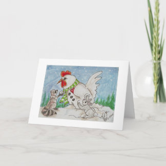 Snowman Rooster,  Raccoon and Bunny Friends Holiday Card