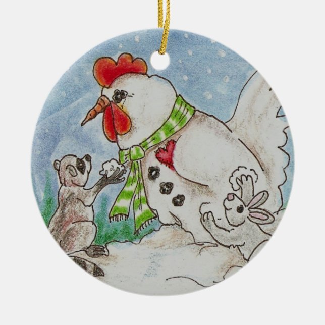 Snowman Rooster, Raccoon and Bunny Wildlife Art Ceramic Ornament (Front)