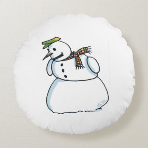 Snowman round red poly pillow