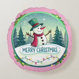 Snowman’s Joyful Christmas Welcome Round Pillow