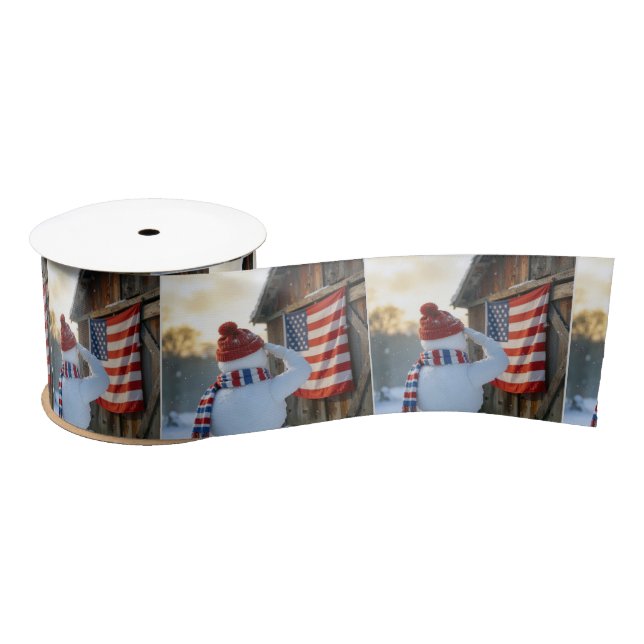 Snowman Saluting an American Flag Satin Ribbon (Spool)