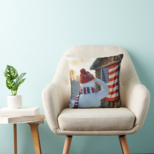 Snowman Saluting an American Flag Throw Pillow