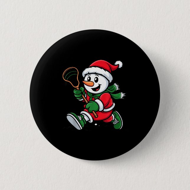 Snowman Santa Hat Playing Lacrosse Christmas Playe 2 Inch Round Button (Front)