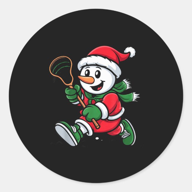 Snowman Santa Hat Playing Lacrosse Christmas Playe Classic Round Sticker (Front)