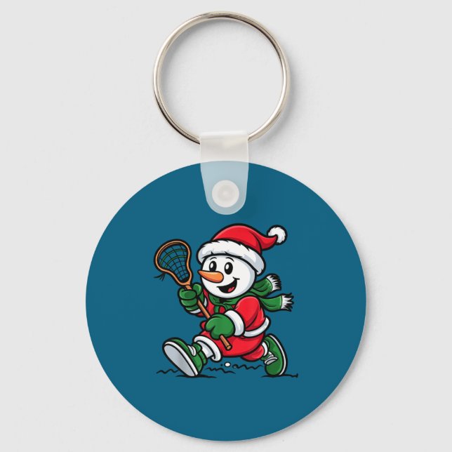 Snowman Santa Hat Playing Lacrosse Christmas Playe Keychain (Front)