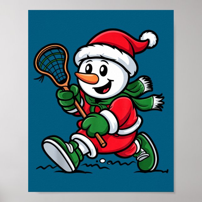 Snowman Santa Hat Playing Lacrosse Christmas Playe Poster (Front)