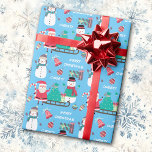 Snowman Santa Kids Personalized Blue Christmas  Wrapping Paper<br><div class="desc">This colourful and fun pattern Christmas wrapping paper is personalized with your child's own name. It features a pattern of cute Holiday images, including two snowmen, various tree ornaments, a festive bell, a candy cane, and, of course, Santa Claus and a sleigh loaded with his sack of toys. The bright...</div>