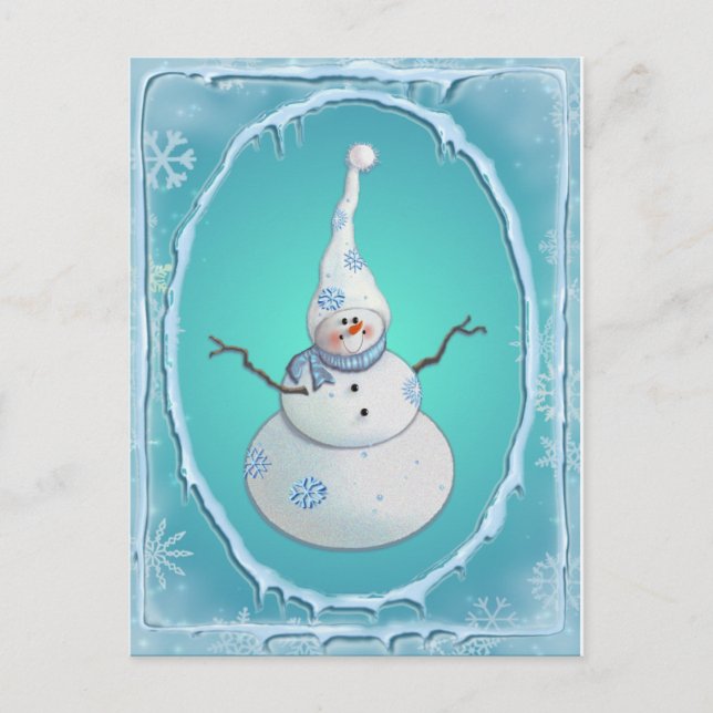 SNOWMAN, SCARF & SNOW HAT by SHARON SHARPE Holiday Postcard (Front)