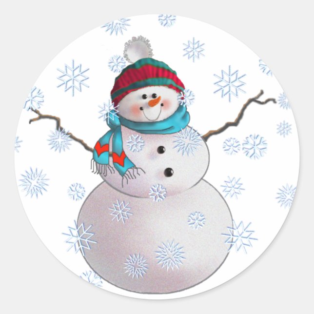 SNOWMAN, SCARF & STOCKING CAP by SHARON SHARPE Classic Round Sticker (Front)