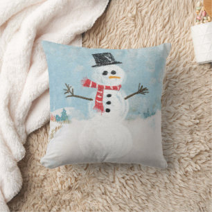 Snowman Scene Holiday Christmas Plaid Cute Winter Throw Pillow
