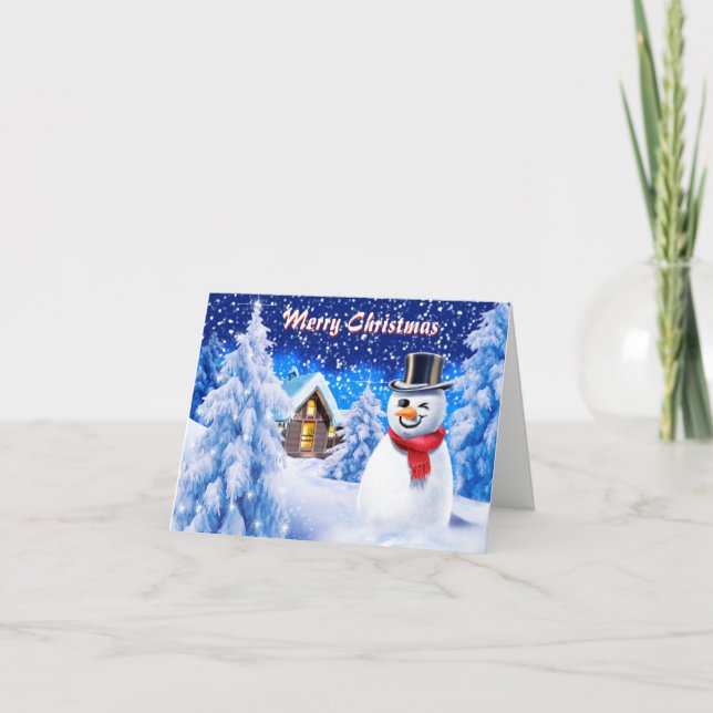 Snowman scène neige mignonne carte note de Noël (Devant)