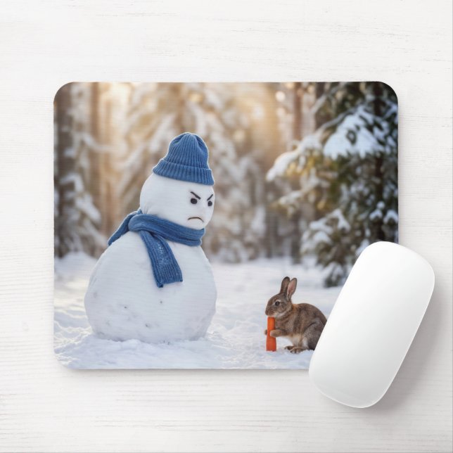 Snowman Scowling at a Rabbit Mouse Pad (With Mouse)