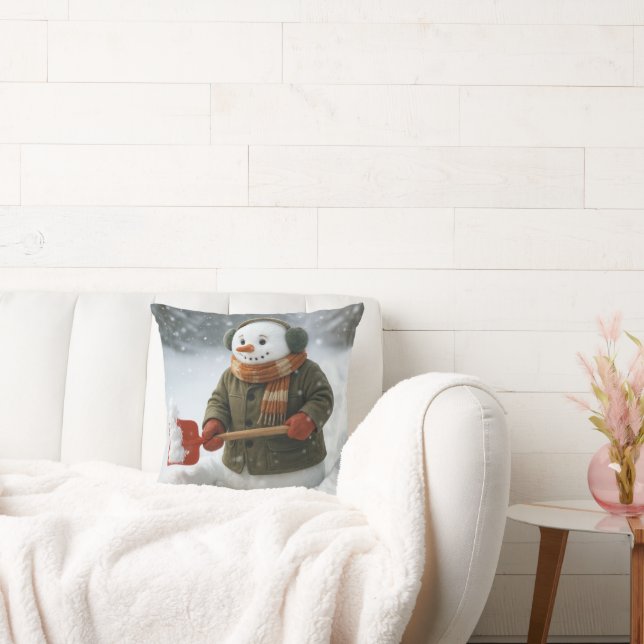 Snowman Shoveling Snow Throw Pillow (Couch)