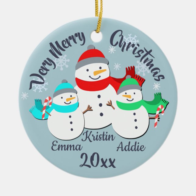 Snowman Single Parent and 2 Kids Ceramic Ornament (Front)