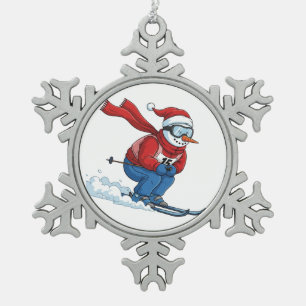 Snowman Skier Christmas 2026 Holiday Winter Sports Snowflake Pewter Christmas Ornament