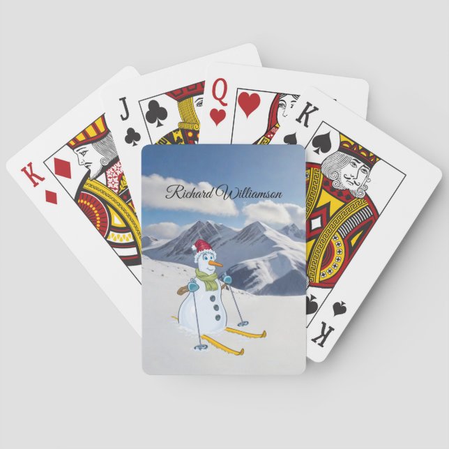 Snowman Skier on snowy mountains Personalize Playing Cards (Back)