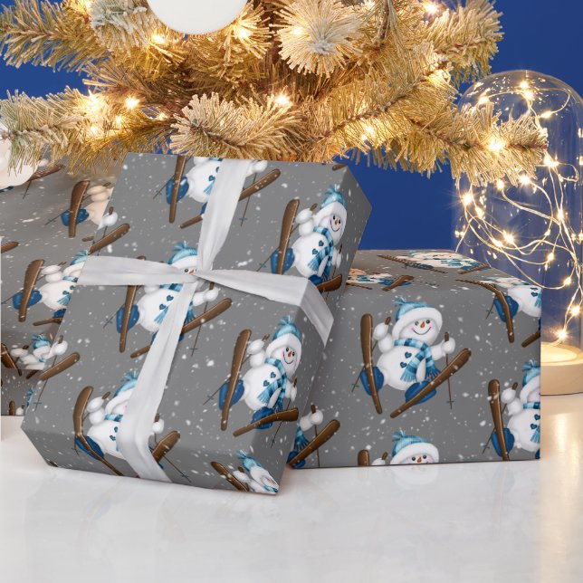 Snowman Skiing In Snowflakes Wrapping Paper (Holidays)