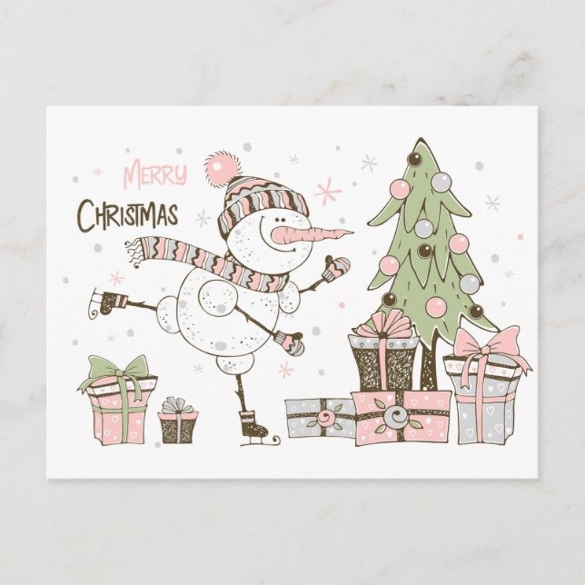 Snowman Skiing with Christmas Tree and Gifts Postcard (Front)