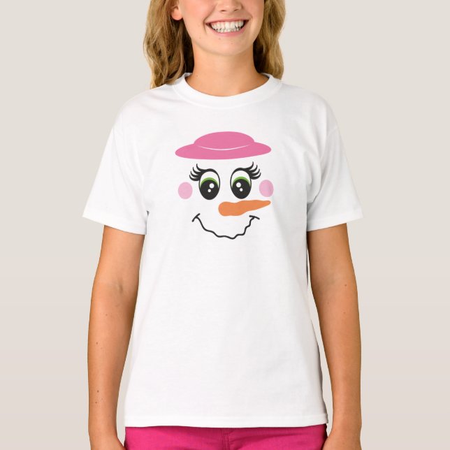 Snowman Smile Face with Pink Hat T-Shirt for Kids (Front)