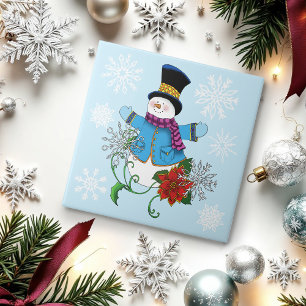 Snowman Snowflakes Poinsettia  Tile