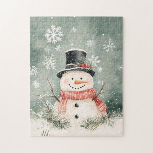 Snowman Snowflakes Spruce Sprigs Jigsaw Puzzle