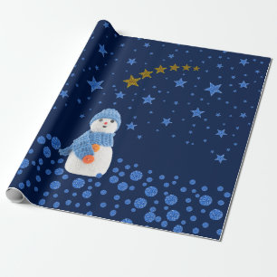 Snowman, sparkly blue stars on blue wrapping paper