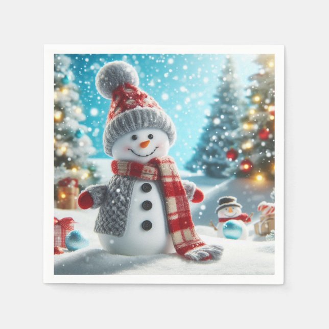 Snowman standing in winter landscape napkin (Front)