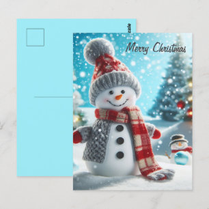 Snowman standing in winter landscape postcard
