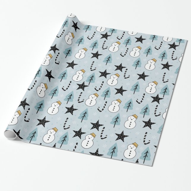  Snowman Stars and Candy Cane Wrapping Paper (Unrolled)