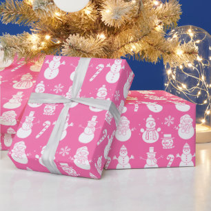 Snowman Stars Cute Pink Xmas Retro Vintage  Wrapping Paper