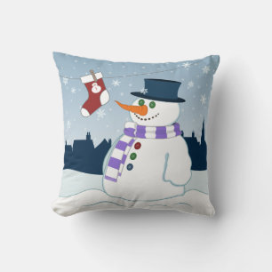 Snowman & Stocking Christmas Scene Throw Pillow
