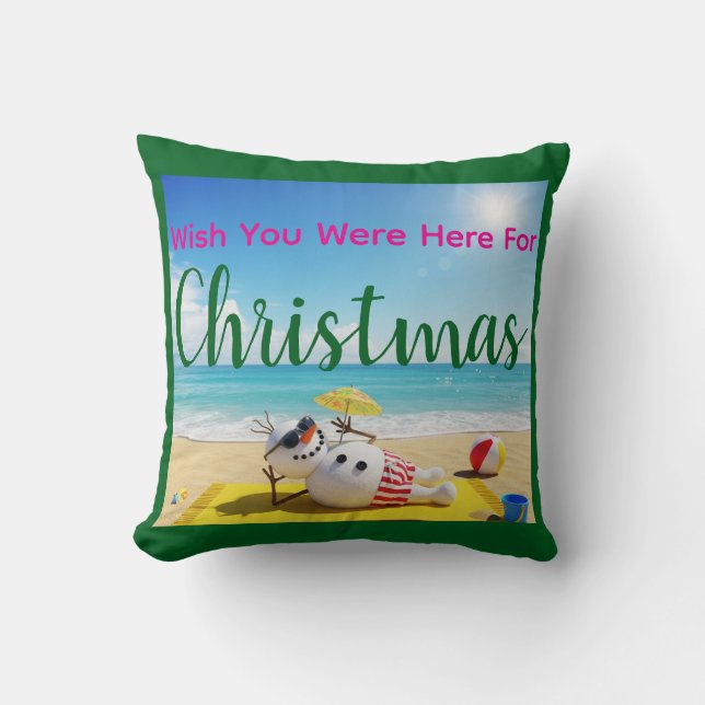Snowman Sunbathing Throw Pillow (Front)