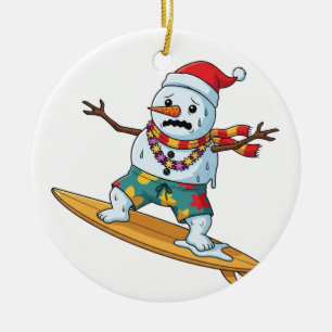 Snowman Surfer Christmas 2026 Funny Holiday Sports Ceramic Ornament