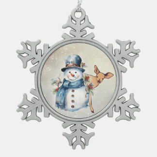 "Snowman Surrounded in Holly" with a Fawn  Snowflake Pewter Christmas Ornament