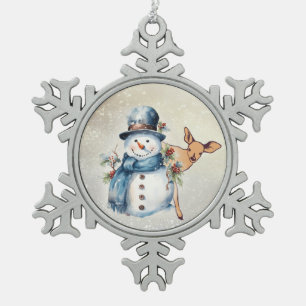 "Snowman Surrounded in Holly" with a Fawn  Snowflake Pewter Christmas Ornament