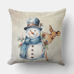 "Snowman Surrounded in Holly" with a Fawn Throw Pillow