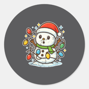 Snowman Tangled In Holiday Lights Premium Tri-blen Classic Round Sticker
