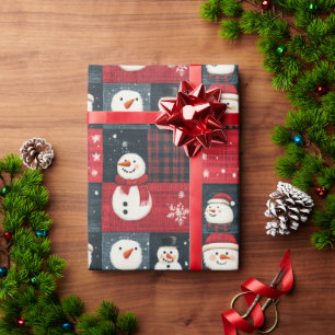 Snowman Tartan Plaid Red & Black Christmas Wrapping Paper