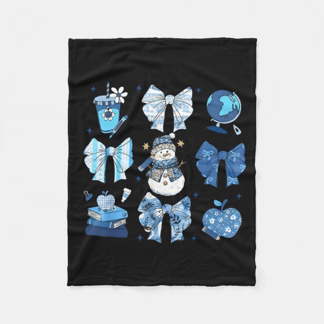 Snowman Teacher Winter Bows Clroom Cute Blue Aesth Fleece Blanket (Front)