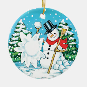 Snowman Throwing a Snowball Winter Fun Splat! Ceramic Ornament