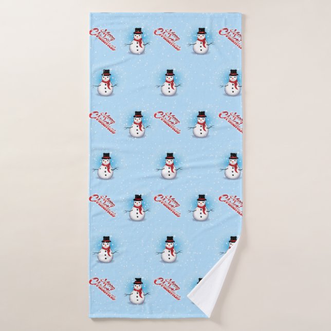 Snowman traditionnel avec Joyeux Noël sur BLEU (Serviette de bain)