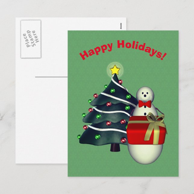 Snowman Tree Présente Noël Carte postale (Devant / Derrière)