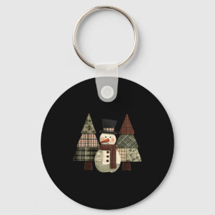 Snowman Trees Patchwork Plaid Trees Rustic Christm Keychain
