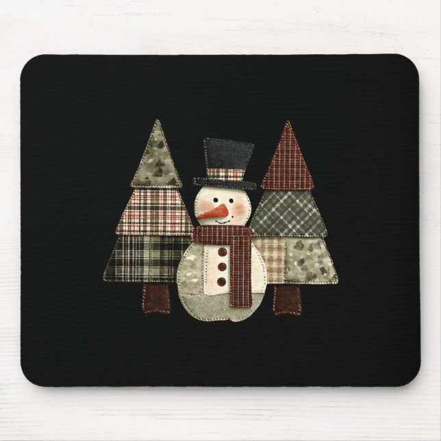 Snowman Trees Patchwork Plaid Trees Rustic Christm Mouse Pad (Front)