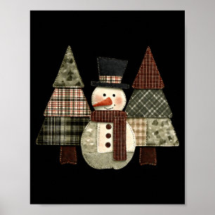 Snowman Trees Patchwork Plaid Trees Rustic Christm Poster