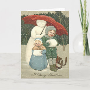 Snowman Umbrella Children Snow Winter Holiday Card